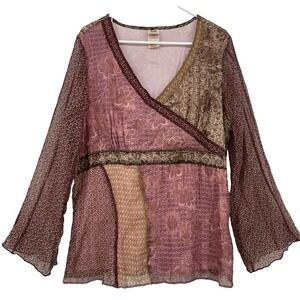 Faded Glory Plus Size 18W/20W Babydoll Fairy Floral Top Sheer Long Bell Sleeve